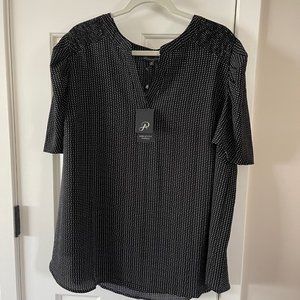 NWT Adrianna Papell Black Smocked Shoulder Dot Print Blouse Size 3X